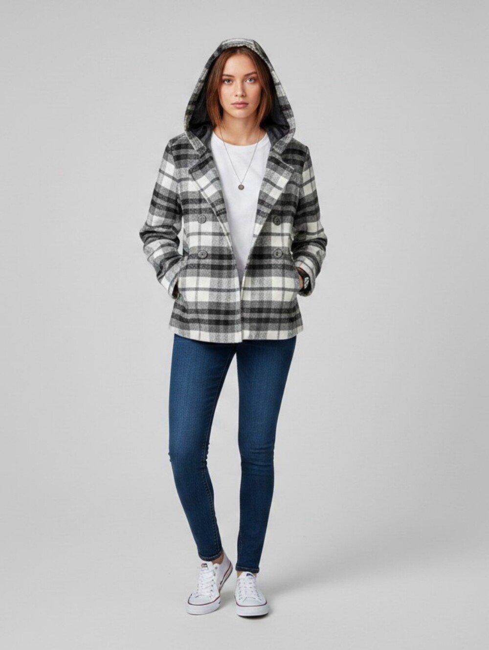 Aeropostale Hooded Plaid Peacoat - Black & White